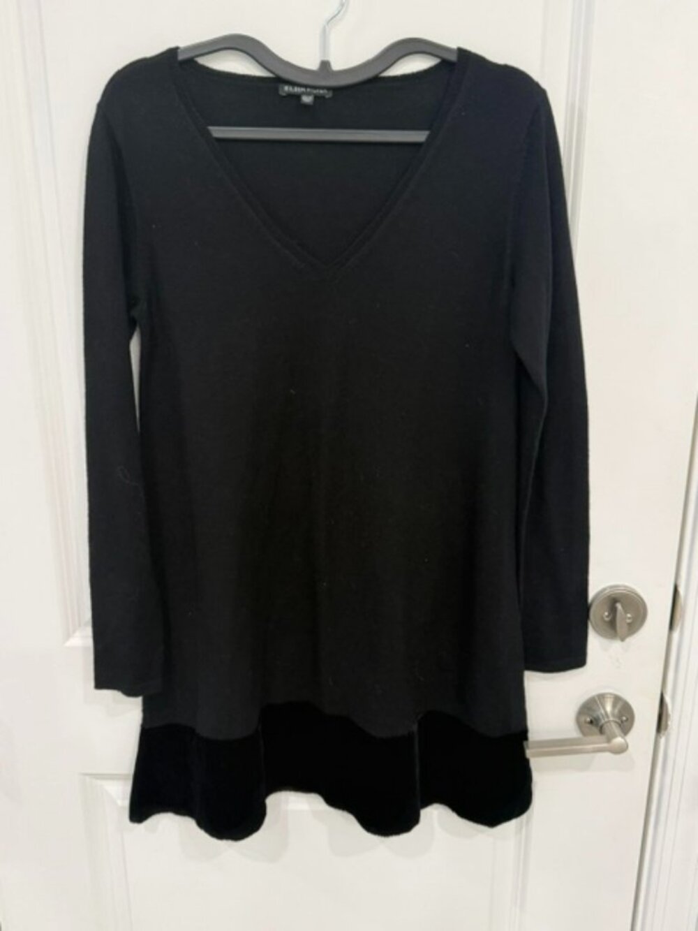 Eileen Fisher Black Merino Wool Tunic Sweater with Silk Velvet Trim
